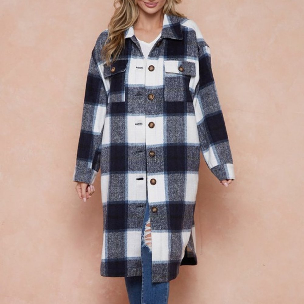 Brushed Flannel Plaid Button Long Coats